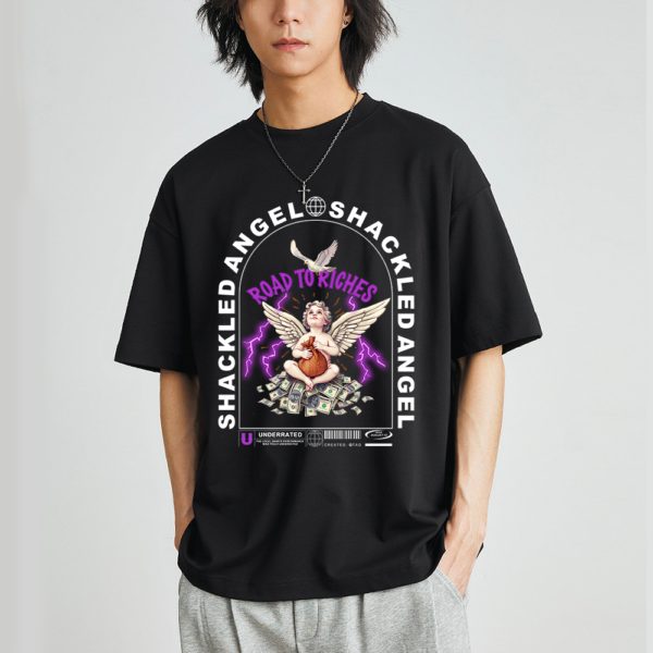 Black T-Shirt-Road to riches_shackled angel-Kornit digital-cotton fabric